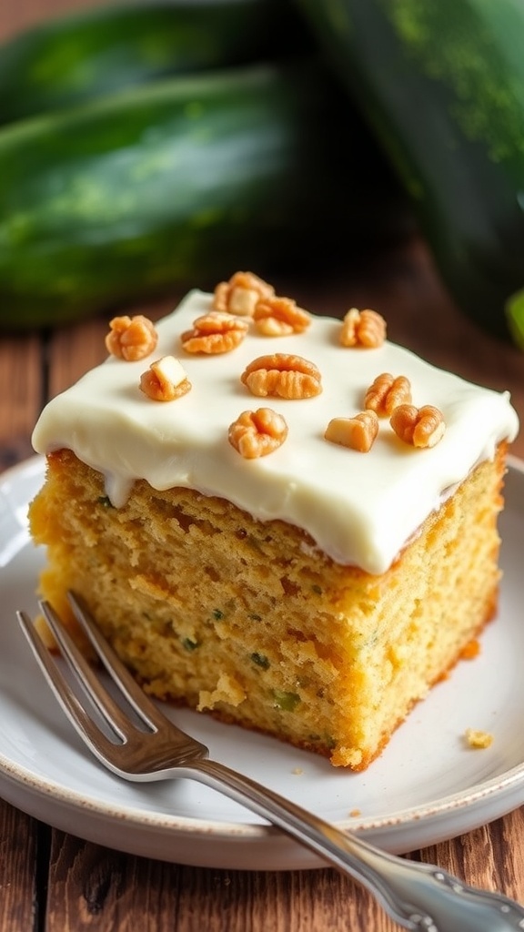 Moist Zucchini Cake Recipe A slice of zucchini cake with cream cheese frosting and walnuts on a wooden table.